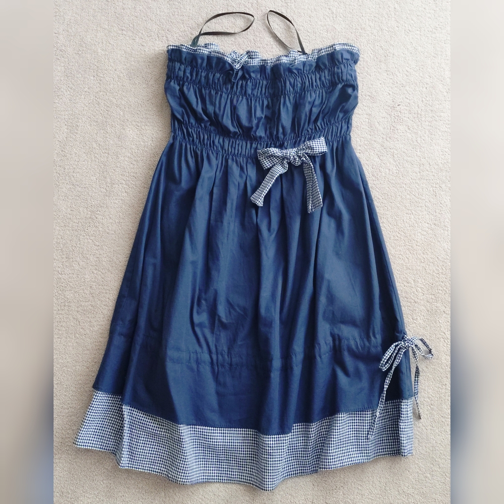Navy & Gingham Shirring Dress with Bows